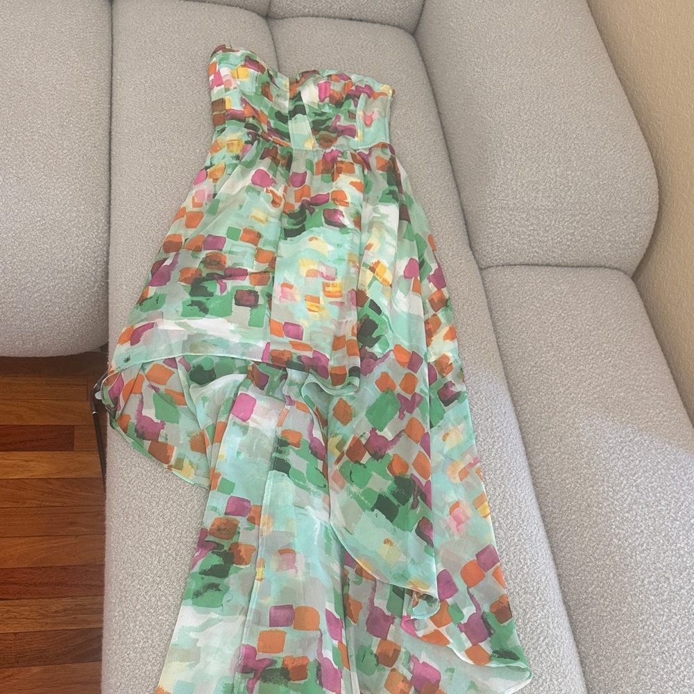 Vibrant Strapless Hi-Lo Patterned Dress by Guess